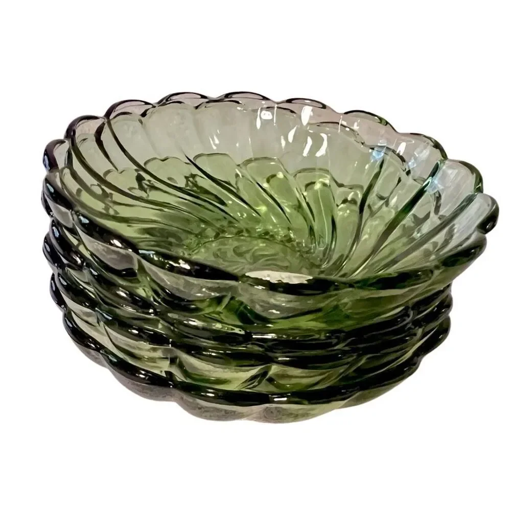 1960s MCM Hazel Atlas Avocado Green Glass Berry Bowls Seashell Swirl 4 Pieces